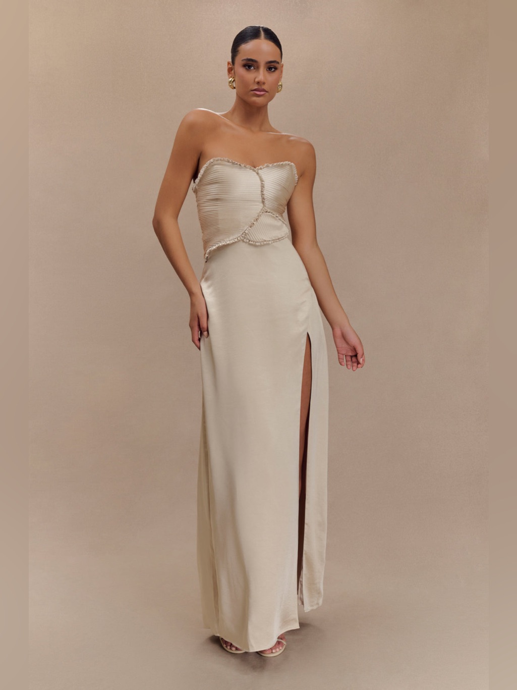 Nwt Meshki Larissa Strapless Satin Maxi Dress With Ruched Petals In Blush Gold